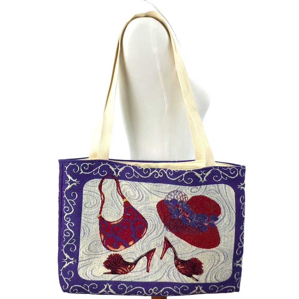 Ivory Purple and Red Hat Purse and Shoes Design Tapestry Canvas Tote Bag